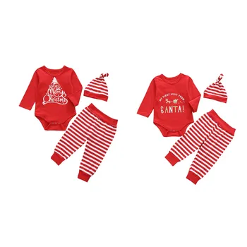 

2020 Christmas Infant Newborn Christmas 3 Pcs Outfits Suits, Long Sleeve Cute Letter Pattern Romper Top + Long Pant + Beanie Cap