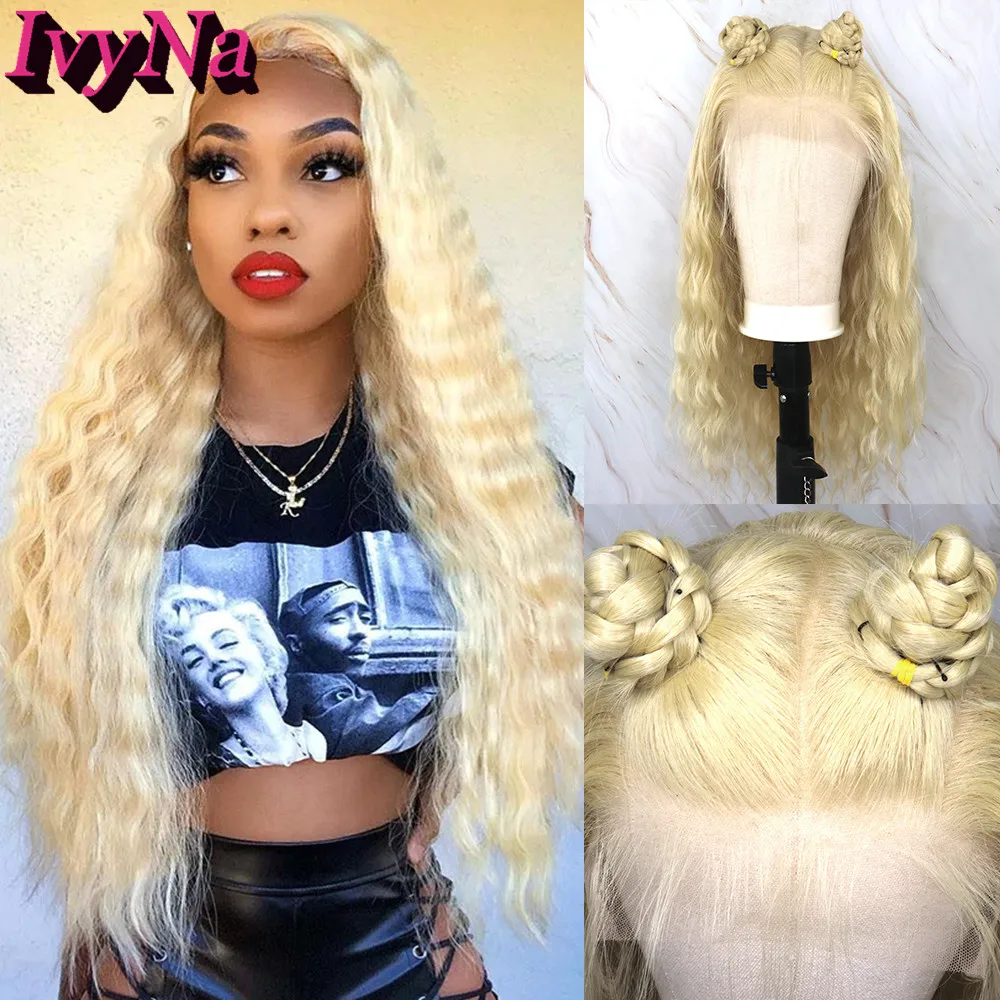 

IvyNa Natural Wave Curly Synthetic Lace Front Wigs 13x6 Heat Resistant Futura Hair Lace Frontal Wigs 613 Blonde with Baby Hair