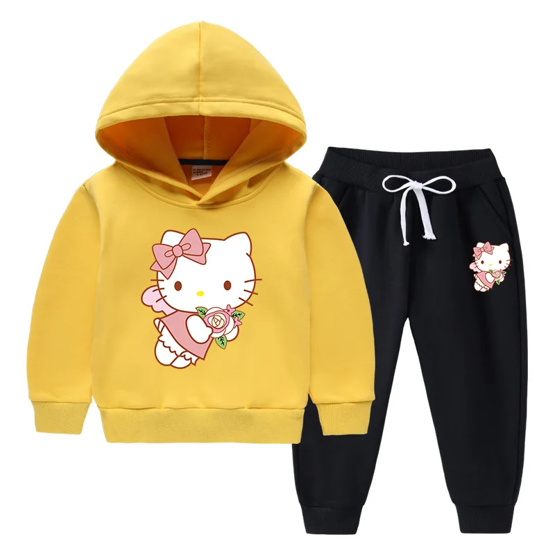 Conjunto de suéter con capucha con patrón de dibujos animados para niños de Hello Kitty, conjunto de suéter con capucha de algodón puro grueso, ropa deportiva y de ocio para niñas cálidas