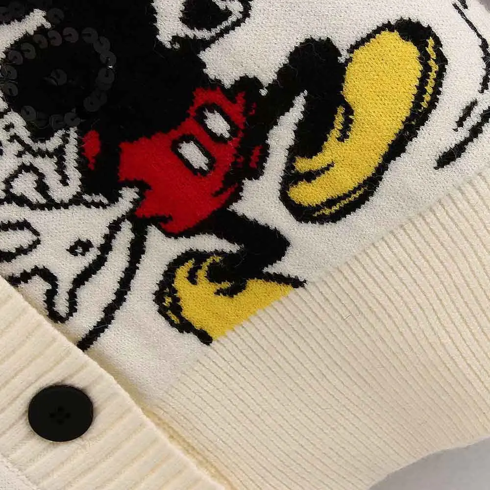 Disney Stylish Mickey Mouse Cartoon Print V-Neck Cardigan Single-breasted Streetwear Women Sweater White Knitted Long Sleeve Top