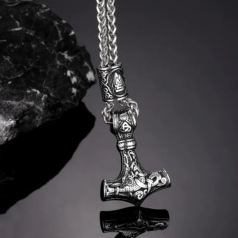 MKENjazz-Collier pendentif amulette Rune scandinave pour homme, acier inoxydable, Vibasin nordique, marteau de Thor, Mjolnir, cadeau punk JOA