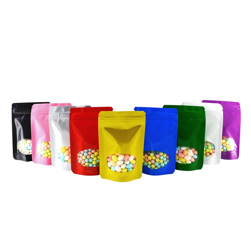 

100 Pcs/Lot Colored Aluminum Foil Stand Up Zip Lock with Clear Window For Food Bag Snack Storage Resealable Mylar Bag