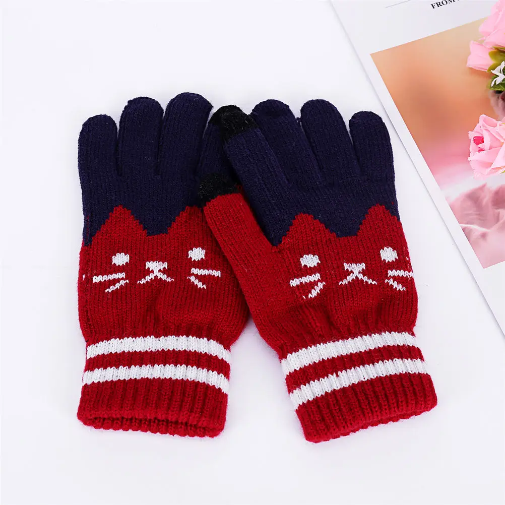 Wine red M MISM новые зимние теплые вязаные перчатки для женщин, мужчин, милая кошачья морда, шерсть, бархат, утолщенные, полный пальцы, экран, чувство, унисекс, варежки - Цвет: Wine red