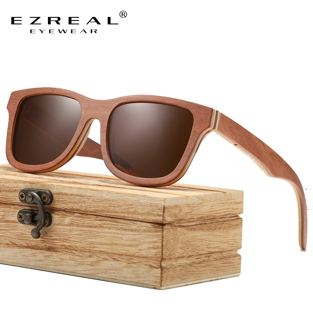 

EZREAL Skateboard Wood Sunglasses Men Women Handmade Natural Wooden Polarized Sunglasses New With Creative Wooden Gift Box S832