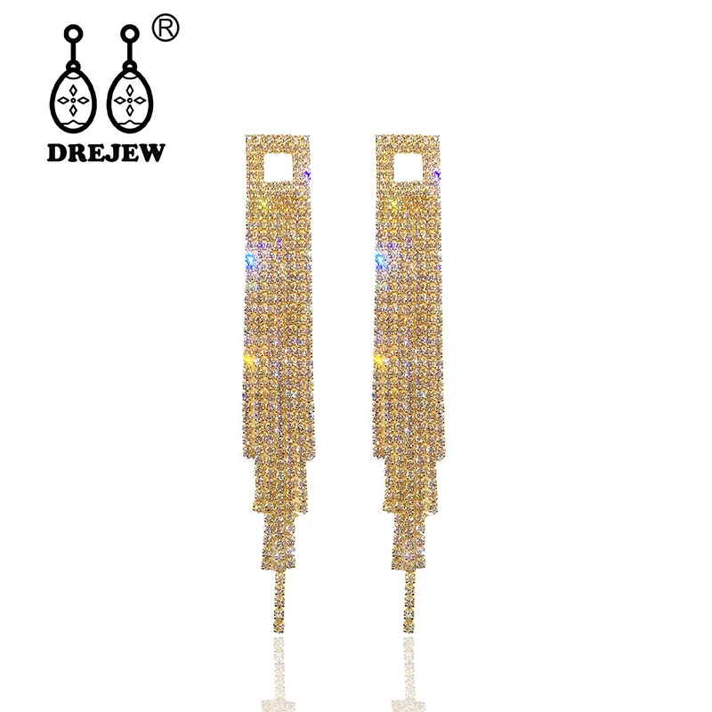 

DREJEW Gold Silver Rhinestone Statement Earrings 2019 Long Luxury Tassel 925 Drop Earrings Sets for Women Wedding Jewelry HE999