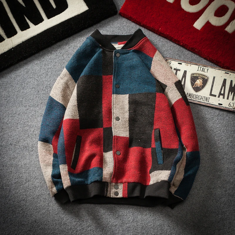

YUECHEN Autumn And Winter Men's Wool Color Contrast Geometric Pattern Single-breasted Jacket Closed Sleeve Pocket M-5XL