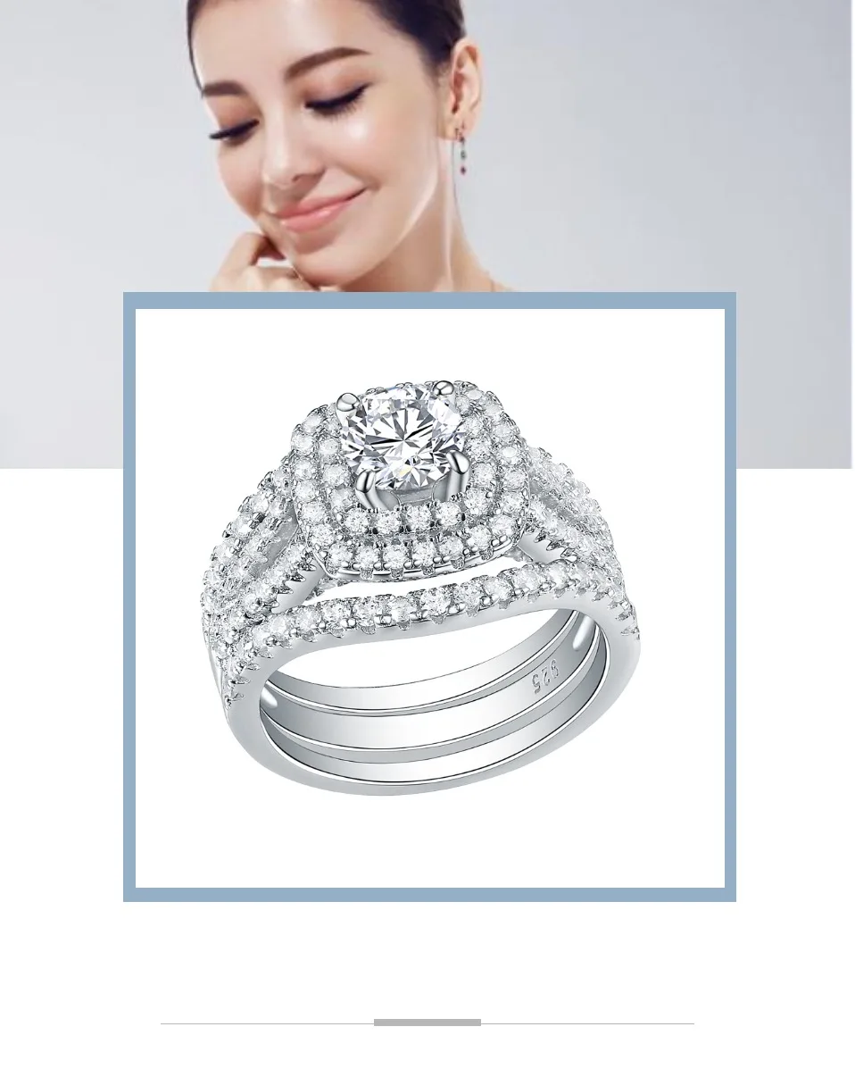 Newshe 3 шт. 925 пробы серебряные обручальные кольца для женщин 2 Ct AAA CZ Синие боковые камни классические ювелирные изделия обручальное кольцо набор