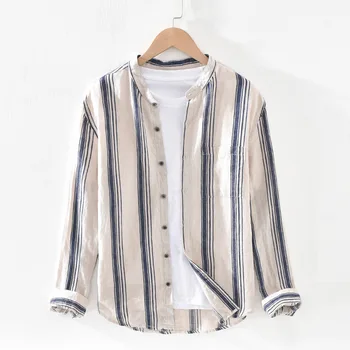 

2020 Men's Yarn-Dyed Linen Long-Sleeved Shirt Youth Vintage Collar Striped Thin Shirt