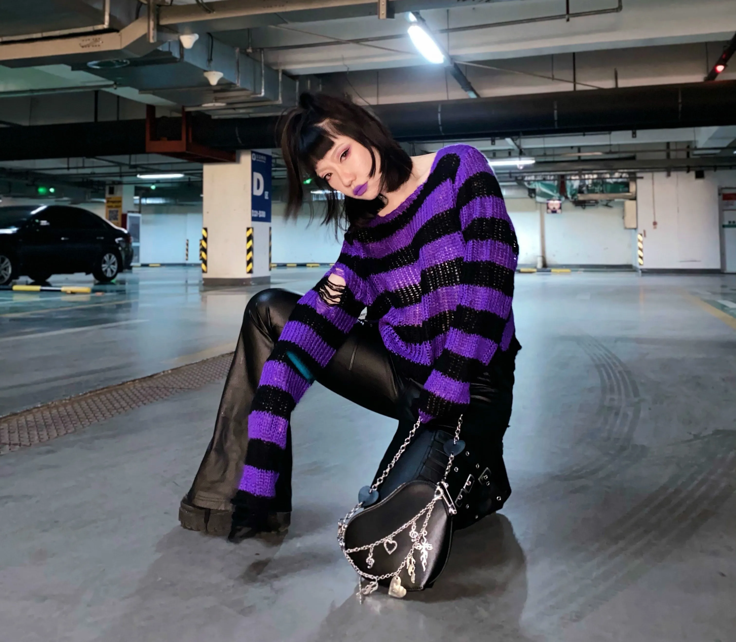 Punk Gothic Short Sweater 2021 Summer Women Sexy Striped Cool Hole Broken Jumper Loose Alt Emo Dark Streetwear Y2k Top Unisex