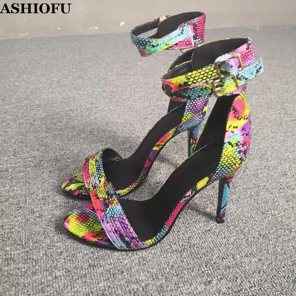 

ASHIOFU Real Photos Handmade Ladies High Heel Sandals Print-snake Sexy Party Summer Shoes Stiletto Evening Fashion Sandals Shoes