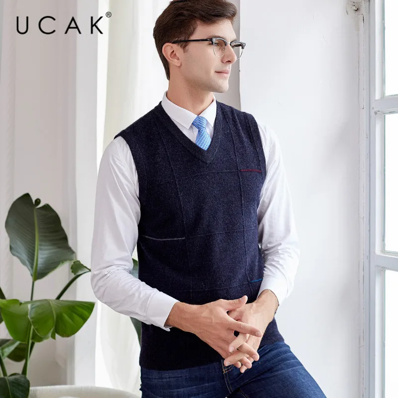 70% OFF UCAK Brand Pure Merino Wool Sweater Vest 2019 New Arrival Casual Autumn Winter Pull Homme Streetwear Sweaters Clothes U3114