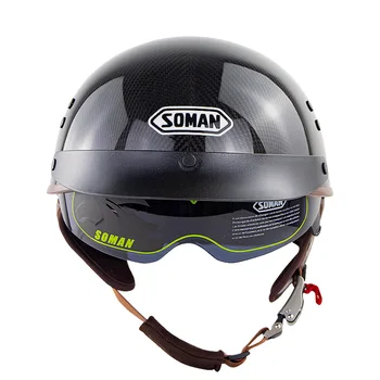 

Helmets Motorcycle+Earmuffs Helmet Retro casco capacete moto Dot/GB Approved Carbon Fiber For Soman SM202 Half Face Open