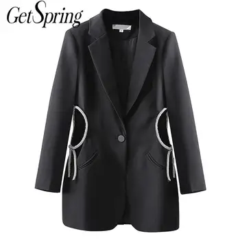 

Getspring Women Suit Blazer Diamond Hollow Out Black Women Blazers Jackets Irregular Patchwork Long Suit Coats 2020 New Tops
