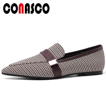 

CONASCO 2020 Spring Summer New Arrival Concise Casual Women Flats Metal Decoration Gingham Pointed Toe Low Heels Shoes Woman