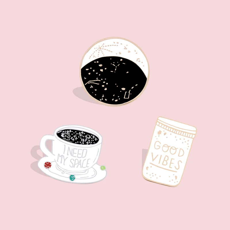 

enamel lapel pins brooch Constellation Moon GOOD VIBES Bottle Cup Moon phase badge White Black Jackets Collar Pin Badge Jewelry