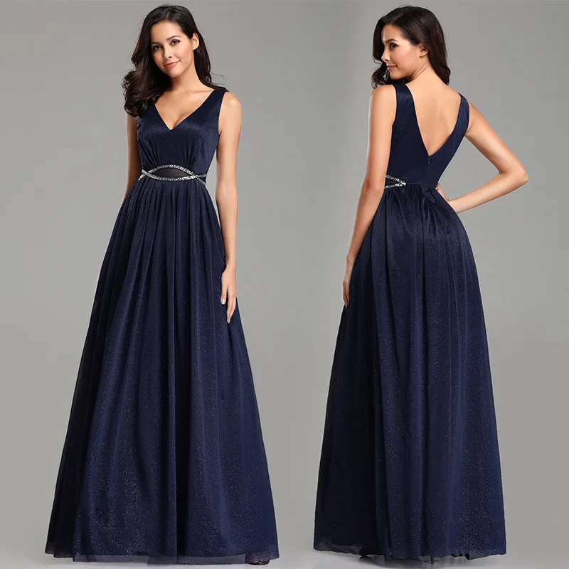 

Europe And America Spring New Style Hot Selling Deep V-neck Navy Evening Gown