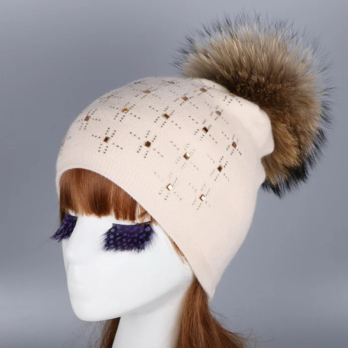 mink pom pom Новинка, женские зимние шапки из кашемира и шерсти с помпоном, шапочки, Роскошные, украшенные кристаллами, зимняя шапка с помпоном из натурального меха норки - Цвет: mink pom pom