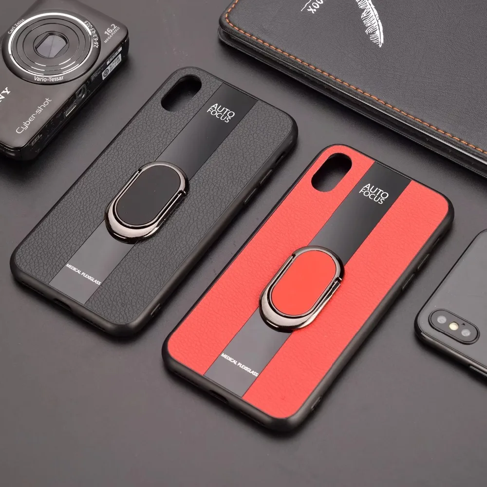 

Luxury Magnet Adsorption Leather Case For iPhone 6 6S 7 8 Plus X XR XS Max Cover Finger Ring Kickstand Red Black Protect Mobile