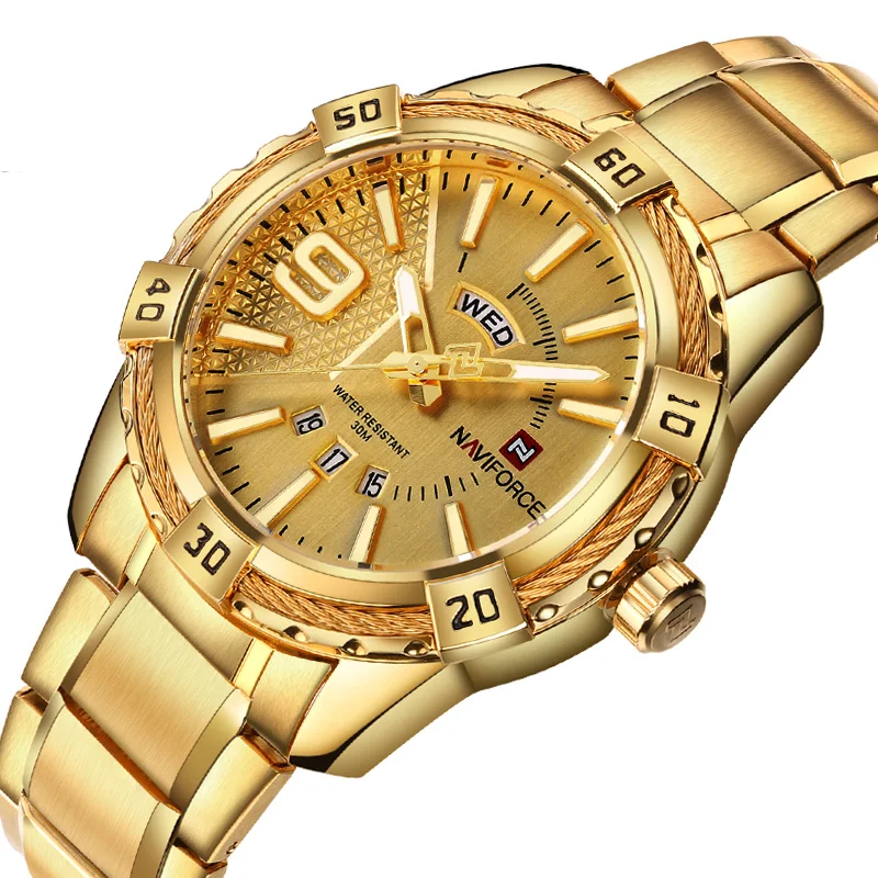NAVIFORCE золотые мужские часы водонепроницаемые противоударные мужские спортивные часы мужские s стальной ремень бизнес золотые мужские часы Военные
