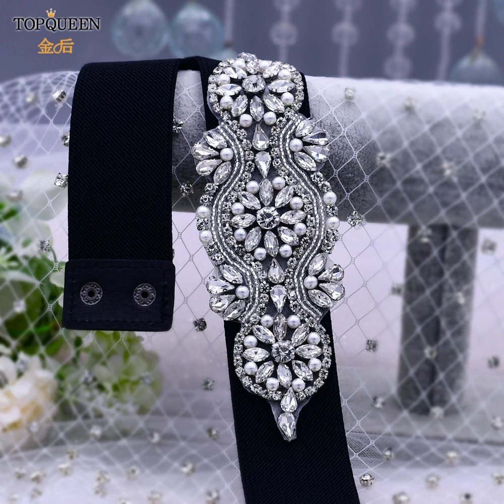 Topqueen S05 Rhinestone Elastic Belt Luxury Full Crystal Gem Black Female Waistband Bling