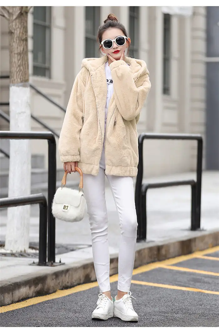 Faux Rex Rabbit Fur Coat Female Winter New Long Sleeve Korean Loose Plush Thick Hoodies Sweatshirt Jacket For Women f2084