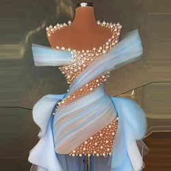 New In Tulle Pearls Prom Dresses See Thru Ruffles Hi   Low Long Train Women Colorful Pageant Prom Dressing   Gowns Plus Size