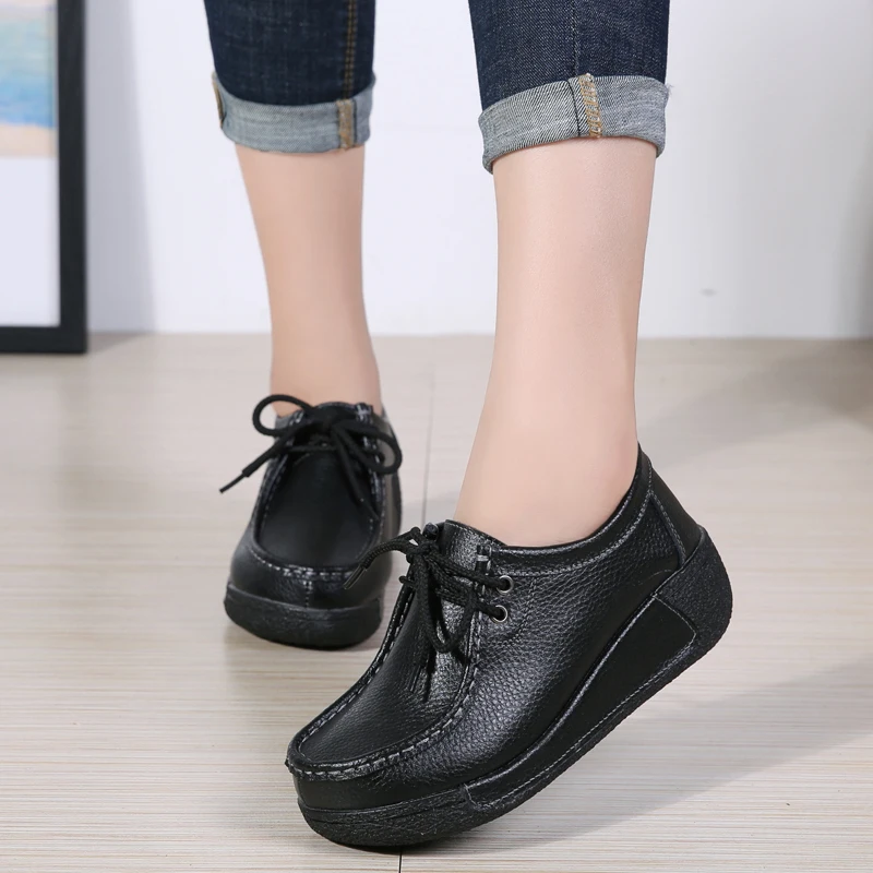 Woman Breathable Leather Lace-up Sneakers Women Fashion Black Soft Casual Shoes Female Women Flats Comfortable Loafers Shoes women loafers