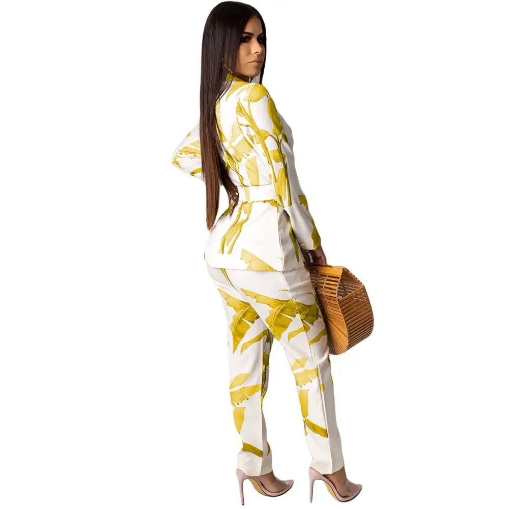 Vintage Women Pant Suit Leaves Print Casual Notched Blazer Jacket & Pant 2020 Autumn Sexy Office Wear Two Piece Set With Belt