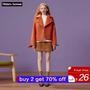 

Metersbonwe Woolen Overcoat Women'S New Winter Short Lapel Stylish Motorcycle Over size coat Cool girl
