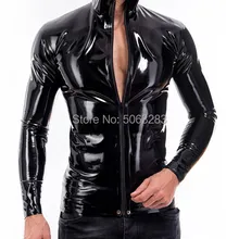 Мужской латексный топ с высоким воротом спереди на молнии Футболка из латекса