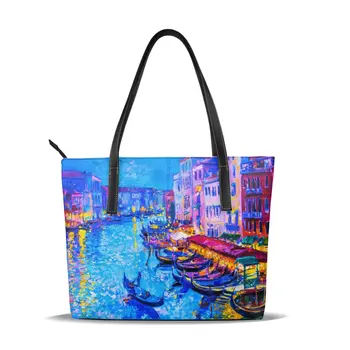 

OLN Tote Bag Gondola Boat And Venice Oil Painting Women's Leather Handbags Female Fashion Lady Shoulder Bags Classic Handbag
