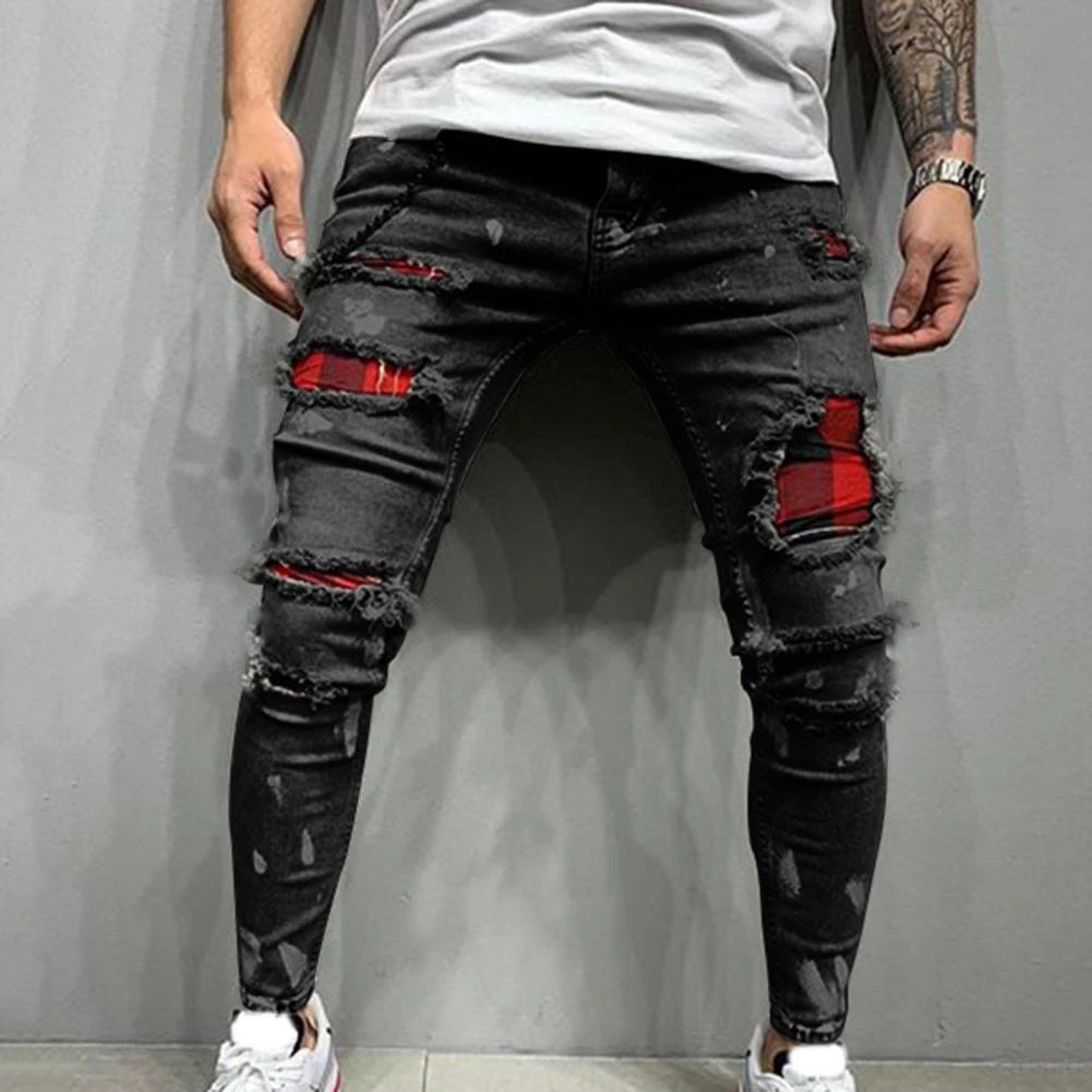 Pantalones vaqueros rasgados ajustados para hombre, Jeans pintados con parche, pantalones de mendigo, pantalones de Hip Hop, talla M 3XL, novedad de 2021|Pantalones vaqueros| - AliExpress