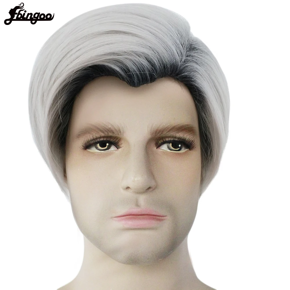 

Ebingoo High Temperature Fiber Short Sliver Grey Side Part Synthetic Cosplay Wig Dark Roots for Men Halloween Costume Party