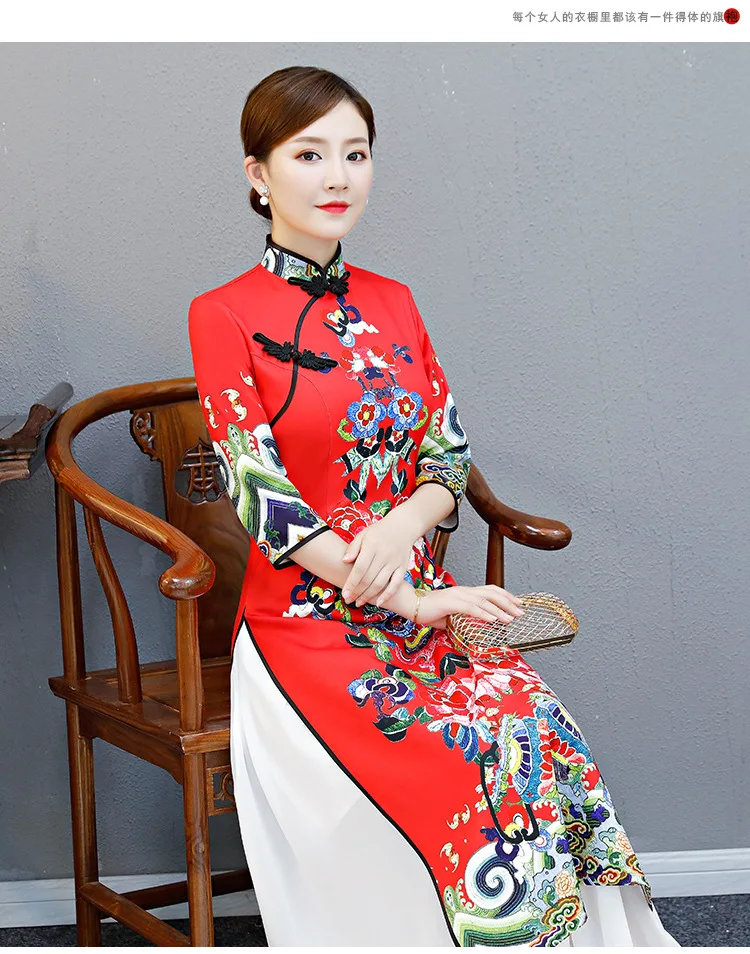 Аозай Вьетнам Новое поступление 2019 qipao платье для женщин традиционная одежда аозай платья женские длинные восточные красные печатные