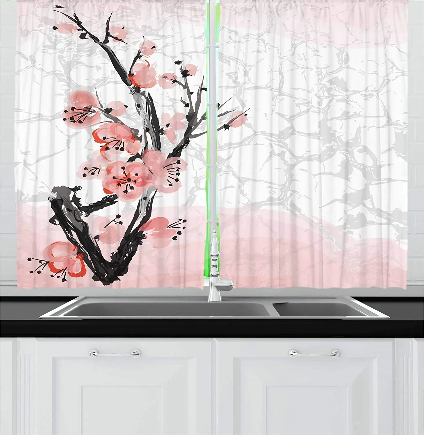 Floral Kitchen Curtains Japanese Cherry Blossom Sakura Tree Branch Soft Pastel Watercolor Print Window Drapes for Cafe | Дом и сад