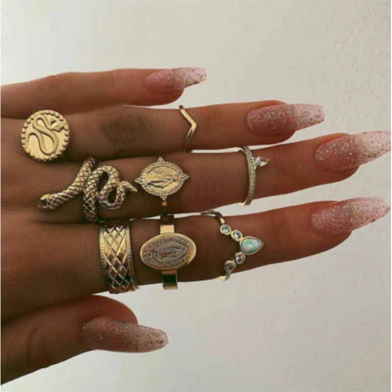 Docona Bohemia serpiente moneda perfil anillo para mujer gitana geométrica talla conjunto de Anillos Midi de nudillo de la joyería Anillos 8 unids/set 8852