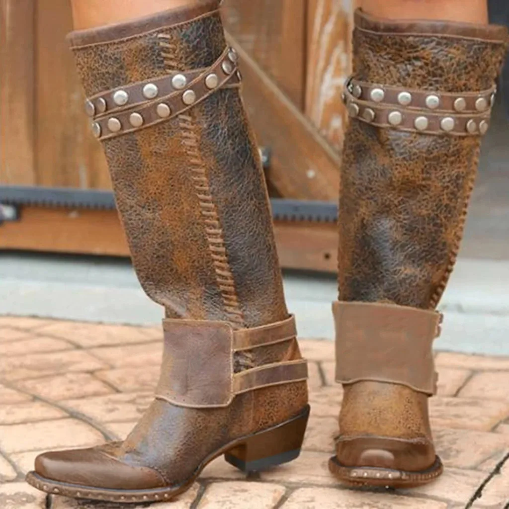Женские стильные сапоги до колена зимние сапоги женские сапоги до колена женские ковбойские сапоги без застежки на низком массивном каблуке в ковбойском стиле
