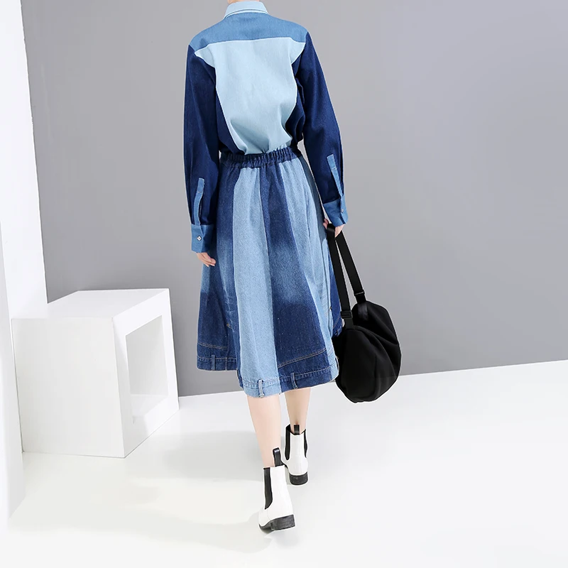 Новинка, корейский стиль, женская осенняя винтажная синяя джинсовая юбка, вымытая до середины икры, длина для женщин, с эластичным поясом, стильные вечерние юбки 5436