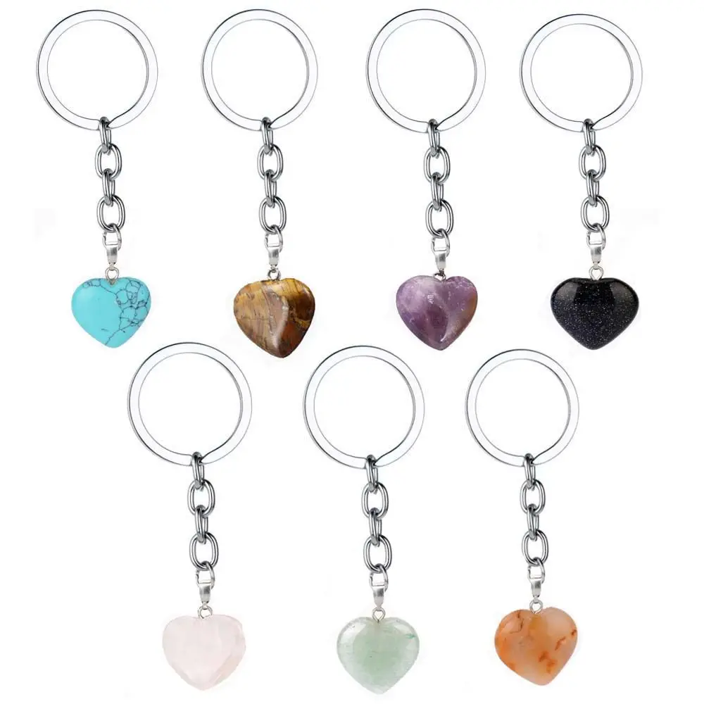 Natural Rose Quartz Heart Crystal Keyring Healing Gemstone Keychain Key Ring 