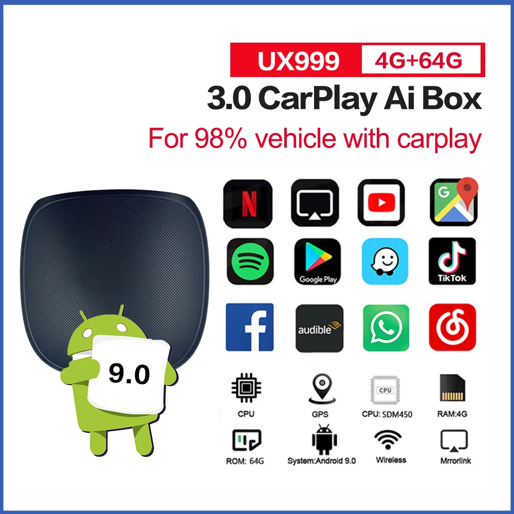 Apple Mini Carplay Ai Box Netflix Youtube беспроводной Android Авто UX999 Автомобильный мультимедийный