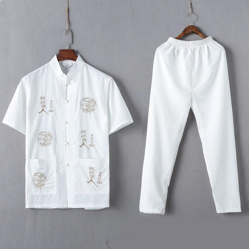 Male Chinese Traditional Costumes Set 2PCs Shirts+trousers Breathable Cotton Dragon Embroidery Men New Year Kung Fu Tang Suit