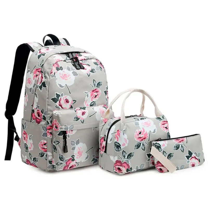 

3pcs Floral Backpack Set Nylon Girls School Bags Daypack Bookbags Casual Purse