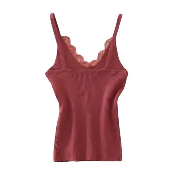 

Women Solid Color Lace Trim V Neck Sleeveless Camisole Vest Slims Fit Tank Top