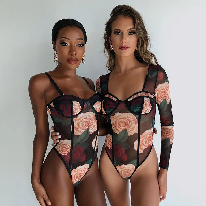 Hirigin-Body de malla con estampado Floral para mujer, Body Sexy transparente de manga larga para fiesta y Club, Top de otoño