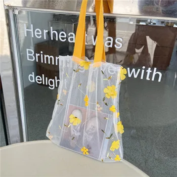 

Female Flower Embroidery Hand Bag Organza Casual Tote Mesh Shopping Bags Woman Handbags Lady Travel Shopper Bag Small
