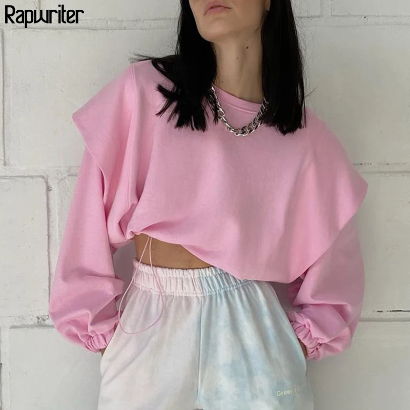

Fake 2 Piecs Solid Long Sleeved Oversize Harajuku Pink Sweatshirt Women 2020 Fall Winter Drawstring Hem White Pullover Crop Top