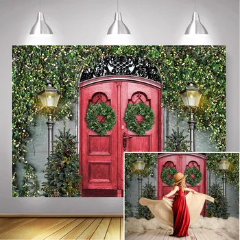 

Christmas Vintage Red Wooden Door Photography Backdrop for Photo Studio Green Vine Winter Children Birthday Art Background Props