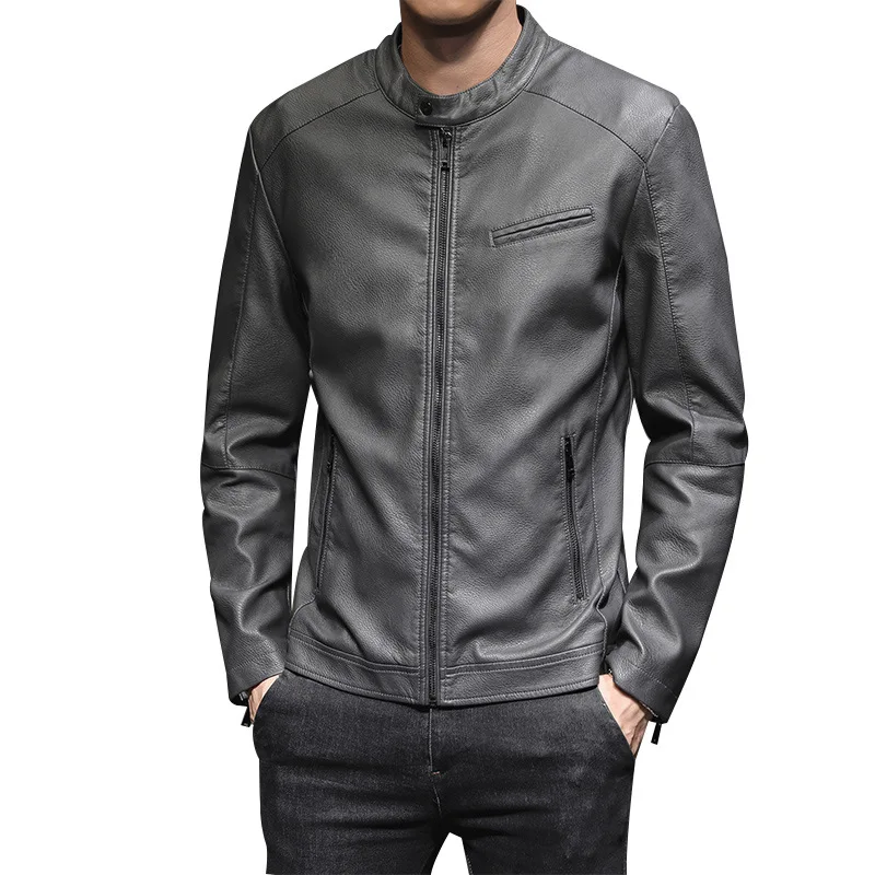 

2019 Autumn Simple Men Youth Short Money Collar Leather Coat Pu Leather Leisure