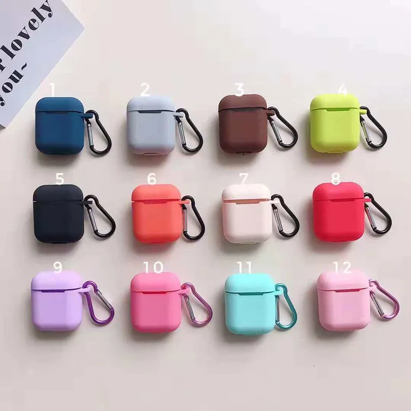 100 шт./лот, сплошной цвет, Bluetooth, чехол для наушников, защитный чехол, аксессуары для Airpods, чехол s, зарядная коробка с крючками