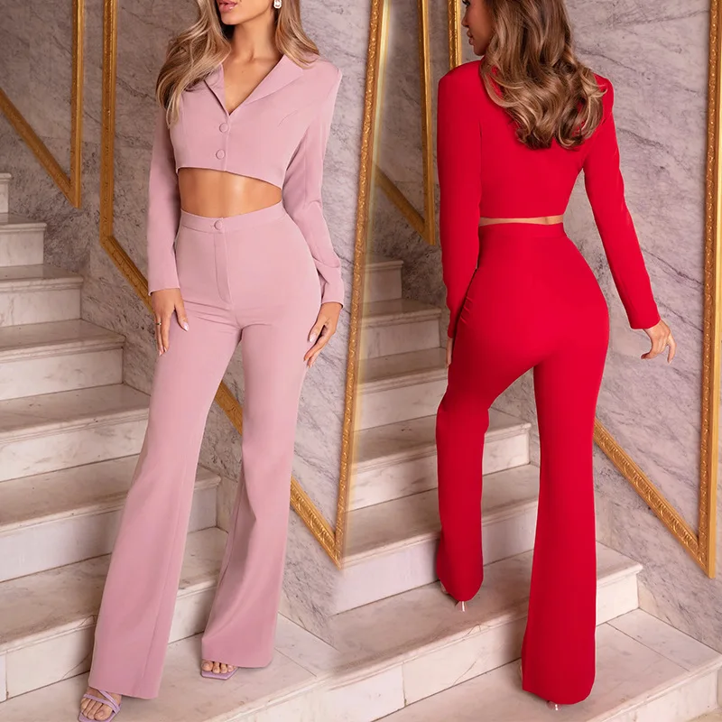 

Two Piece Set Women Top And Pants Tracksuits Women Autumn 2020 Sexy Elegant Set Solid Long Sleeve Short Coat+Wide Leg Pants